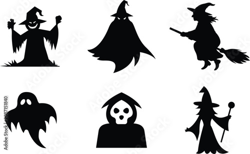 Halloween silhouette icons witches ghosts and spooky figures