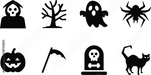 Halloween icons set including grim reaper tree ghost spider pumpkin flag tombstone and black cat