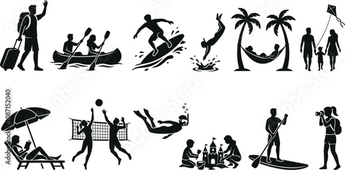 Sticker Collection of summer vacation people silhouettes including swimming surfing volleyball and travel
