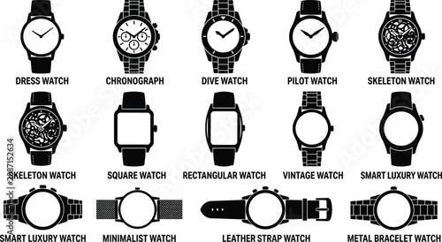 Foto Luxury Men and Women Wrist Watches Black Silhouette Vector Icon Set