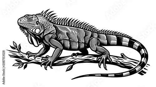 Konstfotografi A detailed illustration of a large iguana perched on a tree branch with leaves