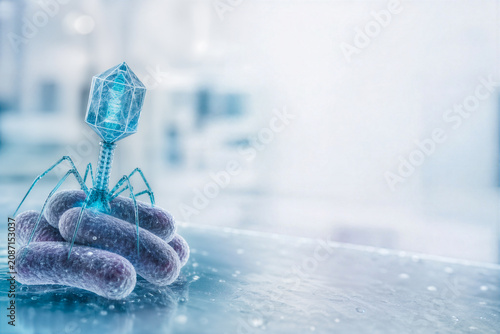 Synthetic bacteriophage on bacterial colony with cyan glow representing phage therapy precision medicine antibiotic resistance biotechnology research clinical microbiology innovation