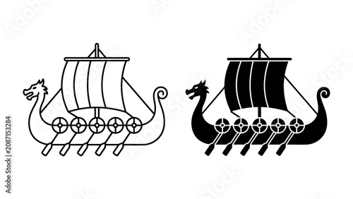 Bilde på lerret Viking Ship Icons: Two stylized illustrations of a Viking longship, one in black outline and the other in solid black, symbolizing historical exploration and seafaring prowess