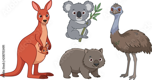 Konstfotografi Cute Australian wildlife vector sticker set featuring cartoon kangaroo with joey, koala eating eucalyptus, happy wombat, and emu isolated on white background