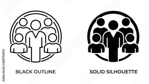 Bild auf Leinwand Group Iconography: A comparative set of icons representing a group of people, shown in both black outline and solid silhouette styles, signifying unity and collective identity