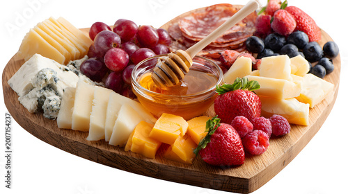 Heart-shaped charcuterie board with assorted cheeses, fruits, and honey isolated on a white background