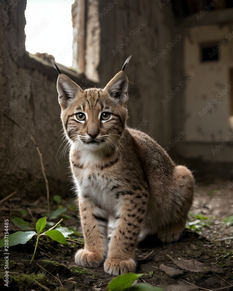 Obraz premium A pelt toned eurasian lynx ai-generated, fantasy animal, in an abandon house.