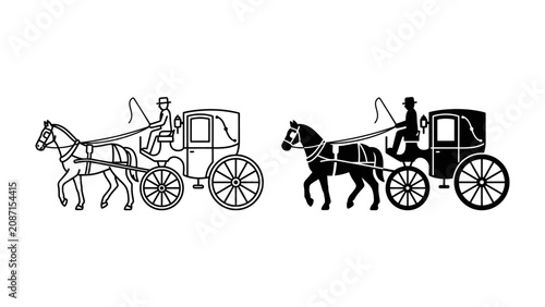 Φωτογραφία Horse-drawn Carriage Duo: A classic horse-drawn carriage, depicted in both outline and solid silhouette, traverses an imagined path, embodying timeless elegance and a bygone era of travel