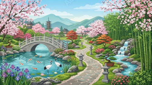 Serene Japanese garden, cherry blossom trees, stone bridge, tranquil pond, landscape illustration