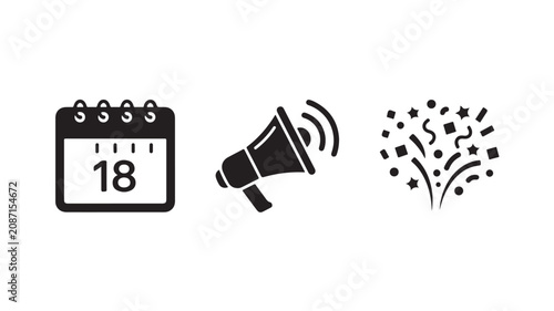 Black icons of calendar, megaphone, and celebration confetti on white background for business and announcement concepts