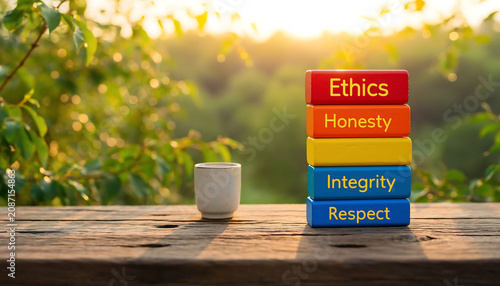 Stack of colorful wooden blocks representing core values of ethics, honesty, integrity, and respect. Business concept

