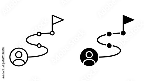 Obraz na płótnie Path to Success: Two minimalist icons illustrate a personal journey with a clear path marked by waypoints, leading to a flag at the destination