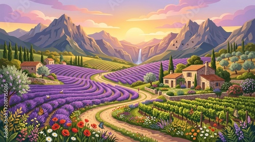Lavender fields, rural landscape, serene countryside, sunset scenery