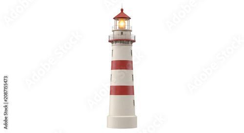 Obraz na płótnie Classic striped lighthouse with a bright glowing lantern on a white background