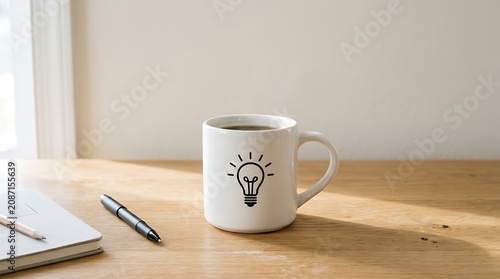 White mug with black lightbulb on wooden desk with notebook and pen black lightbulb wooden desk pencil