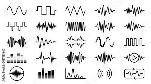 Sound wave patterns and audio signals.
