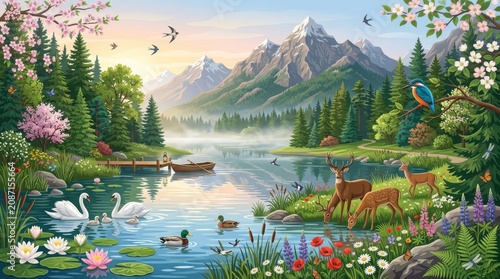 Serene landscape, mountain lake, wildlife scene, nature scenery, tranquil atmosphere