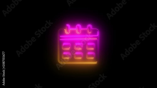 Neon glowing calendar animation, time management and scheduling concept, vibrant pink and orange light effect on black background