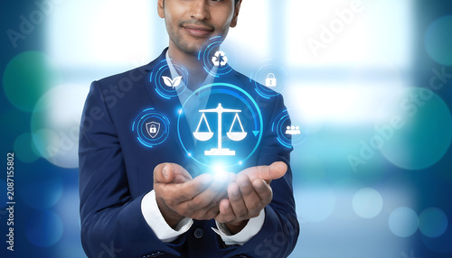 Responsible marketing concept showing the balance between profit and social responsibility through glowing icons. AI 

