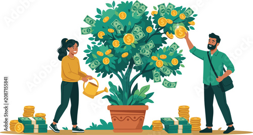 Obraz na płótnie Money Tree Investment Growth Vector Illustration with Couple Watering Plant and