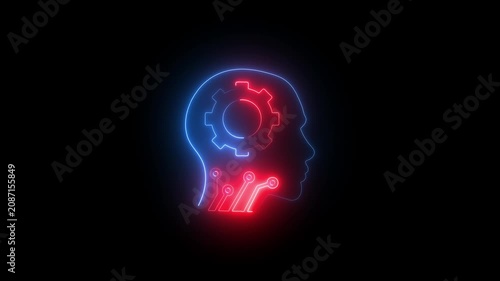 Artificial intelligence concept with glowing neon human head and gear mechanism animation machine learning