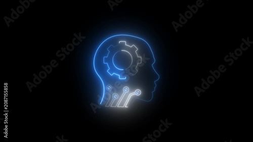 Neon artificial intelligence head with rotating gear and circuitry animation machine learning neural network