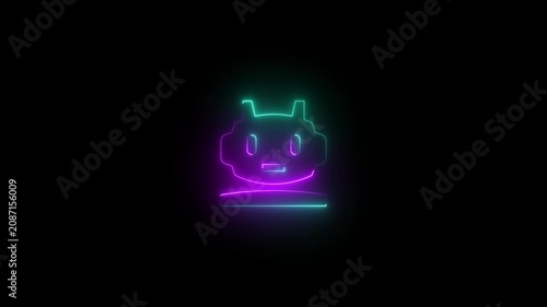 Neon robot head animation, glowing cybernetic ai assistant symbol, futuristic digital technology artificial intelligence