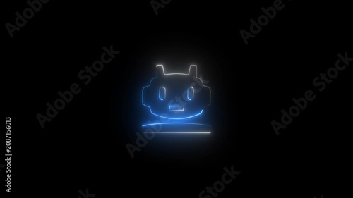 Neon robot head glowing with blue light animation on black background, artificial intelligence technology