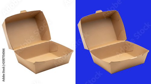 Obraz na płótnie An open empty brown cardboard food container with a hinged lid, commonly used fo