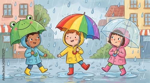 Three children playing in puddles with colorful umbrellas in rain  