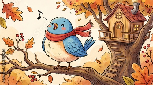 Cartoon bluebird singing on a tree branch in autumn scenery  