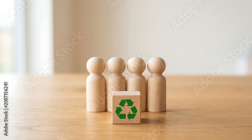 Wooden figures standing around a recycling symbol block on a table green symbol