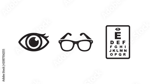 Black icons of eye, glasses and optometrist vision test chart on white background for medical and healthcare design