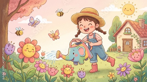 Cheerful girl watering flowers with elephant watering can in garden  