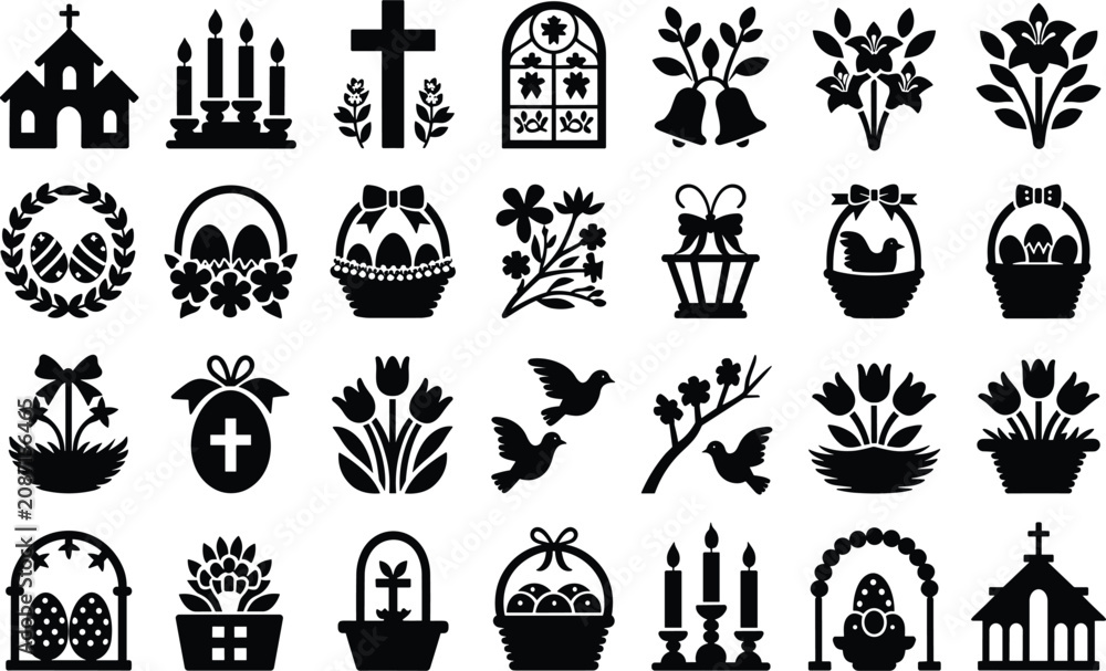 Fototapeta premium Easter holiday set with church candle cross basket flowers and doves in black silhouette