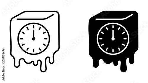 Foto Melting Clock Illustration: A conceptual illustration depicting a cube with a clock face inside, melting away like liquid, symbolizing the passage of time, urgency, or stress