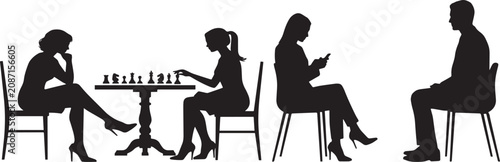Silhouette of people enjoying leisure activities, chess game and mobile phone usage, social interaction in modern cafe lounge interior illustration design