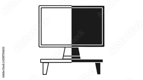 Fotografía Split Screen Computer: A computer monitor split down the middle, with one half depicted in stark white and the other in solid black, representing duality, contrast, or division