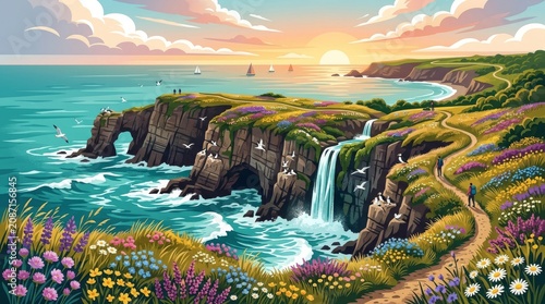 Vibrant coastal landscape, colorful cliffs, ocean sunset, floral meadow, scenic waterfall