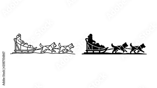Obraz na plátně Dog Sledding Silhouette: A dynamic illustration depicts a dog sled team in silhouette, with a musher guiding the dogs pulling a sled across a snowy landscape, conveying adventure and winter travel