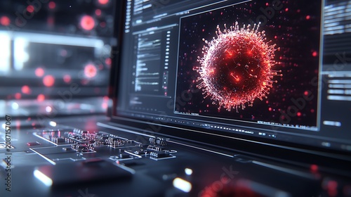 Digital Computer Virus Cell on Tech Monitor Screen.