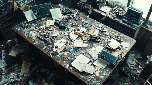 Messy Abandoned Office Desk with Old Equipment.