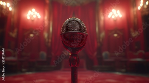 Vintage Microphone on Stage in Red Theater.