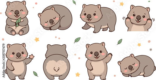 Foto Cute cartoon wombat vector character collection with isolated australian animal