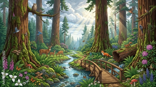 Whimsical forest landscape, serene woodland scene, mossy trees, forest stream, wooden bridge
