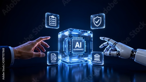AI governance and ethical compliance regulation showing human and robot hands pointing to artificial intelligence policy cube