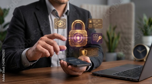 Businessman interacting with holographic security icons and a digital lock on smartphone