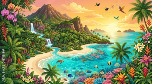 Tropical island, beach paradise, colorful coral reef, sunset landscape