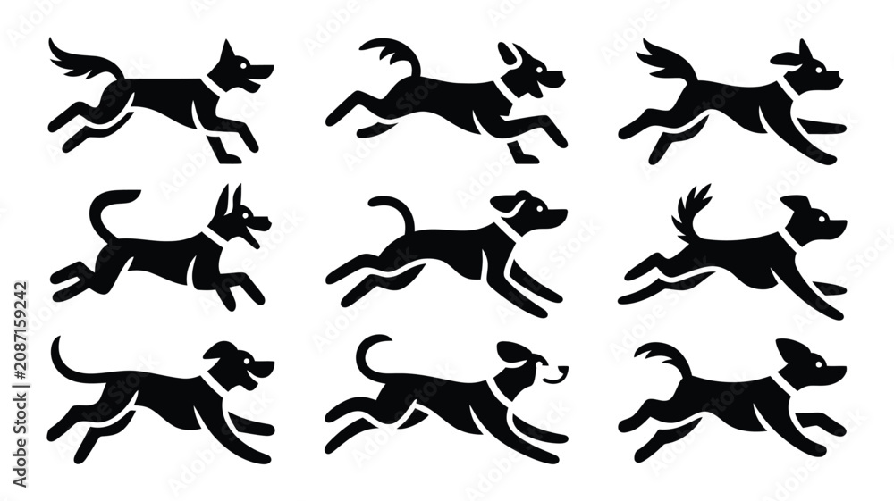 Fototapeta premium Dog running animation frame cycle sequence black silhouette icon set
