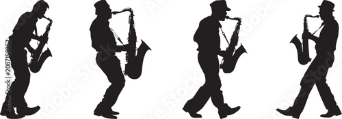 Photography Collection of black silhouette saxophone musicians performing in different poses, isolated on a white background for jazz music, live performance, concert, entertainment, and artistic design concepts